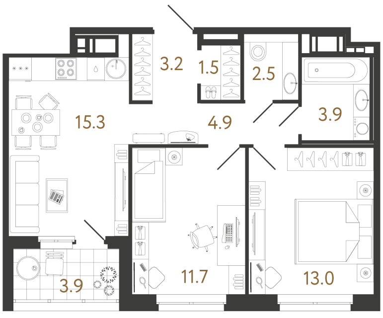 Двухкомнатная квартира №188 в ЖК Литера - 56 м²