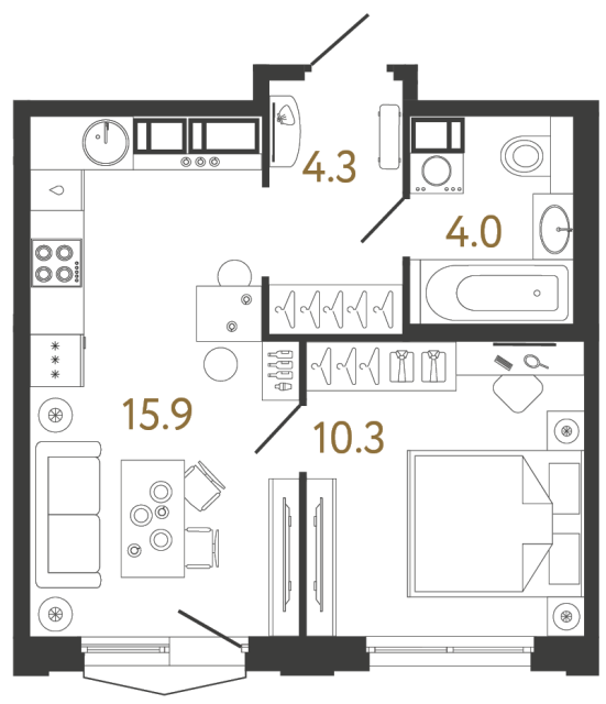 Однокомнатная квартира №757 в ЖК Струны 2 оч. - 34.5 м²