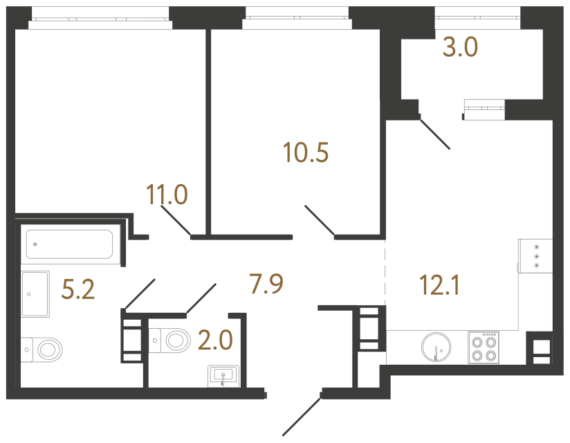 Двухкомнатная квартира №63 в ЖК Куинджи - 48.7 м²  - №2