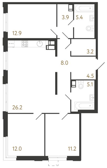 Трёхкомнатная квартира №1009 в ЖК Струны 2 оч. - 92.4 м²  - №2