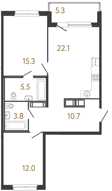 Двухкомнатная квартира №231 в ЖК Передвижники - 69.4 м²  - №2