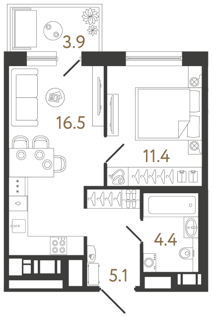 Однокомнатная квартира №344 в ЖК Передвижники 2 - 37.4 м²