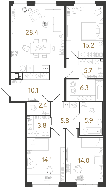 Трёхкомнатная квартира №1 в ЖК Визионер - 111.7 м²