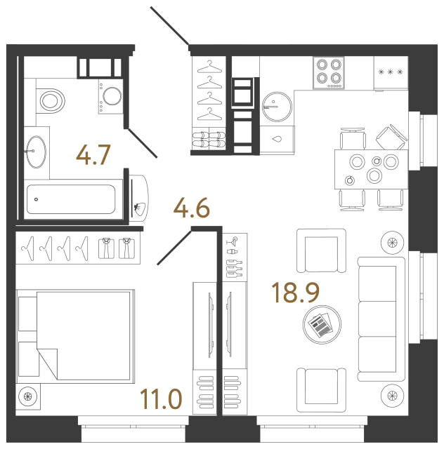 Однокомнатная квартира №10 в ЖК Куинджи - 39.5 м²