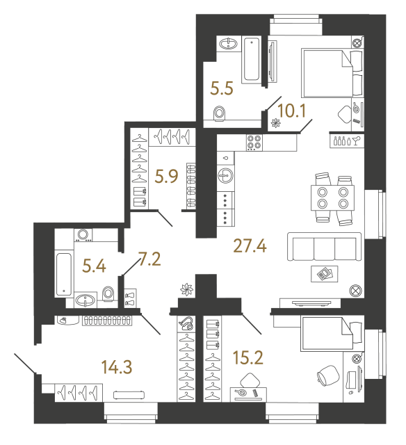 Двухкомнатный номер №58 в ЖК Типография - 91 м²