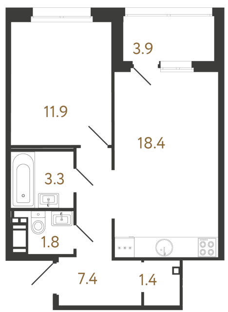 Однокомнатная квартира №96 в ЖК Литера - 44.2 м²  - №2