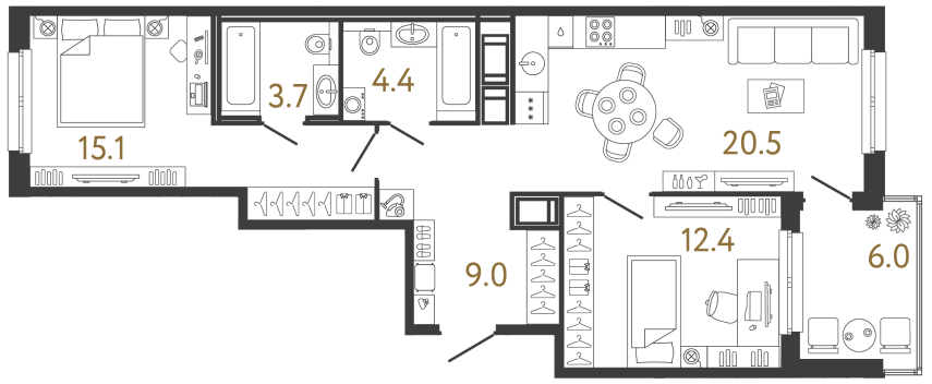 Двухкомнатная квартира №343 в ЖК Передвижники - 65.1 м²