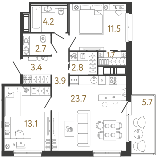 Двухкомнатная квартира №91 в ЖК Передвижники - 67 м²