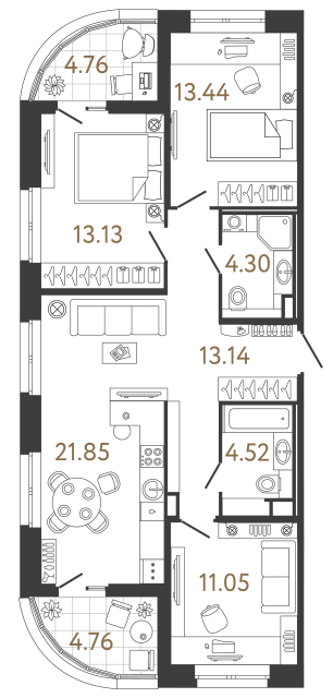 Трёхкомнатная квартира №718 в ЖК Ultra City 3 - 81.43 м²