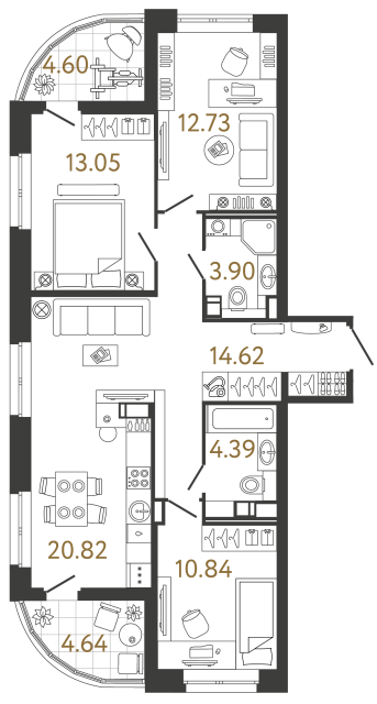 Трёхкомнатная квартира №894 в ЖК Ultra City 3 - 80.35 м²