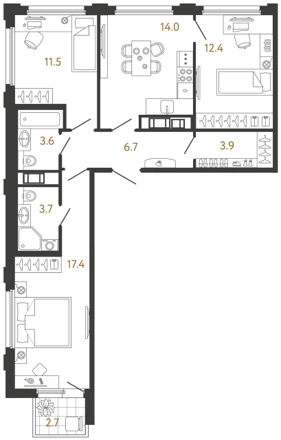 Трёхкомнатная квартира №663 в ЖК Гений - 73.2 м²