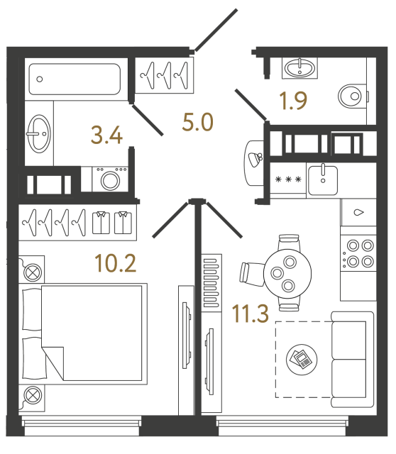 Однокомнатная квартира №514 в ЖК Гений - 31.8 м²