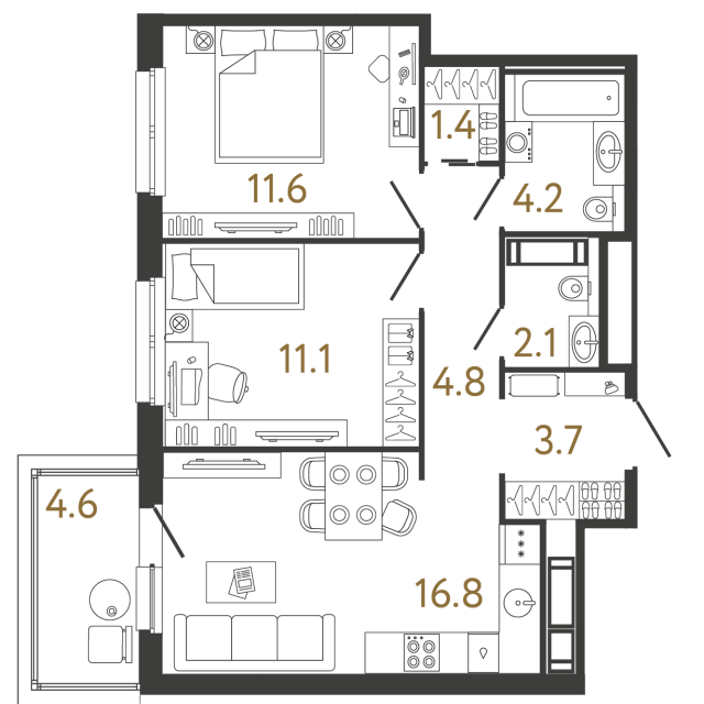 Двухкомнатная квартира №342 в ЖК Передвижники - 55.7 м²