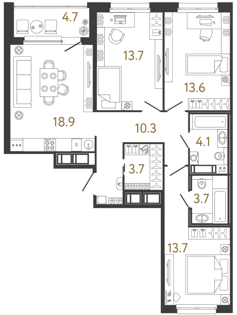 Трёхкомнатная квартира №151 в ЖК Передвижники - 81.7 м²