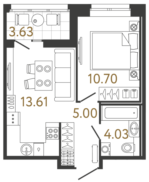 Однокомнатная квартира №877 в ЖК Ultra City 3 - 33.34 м²