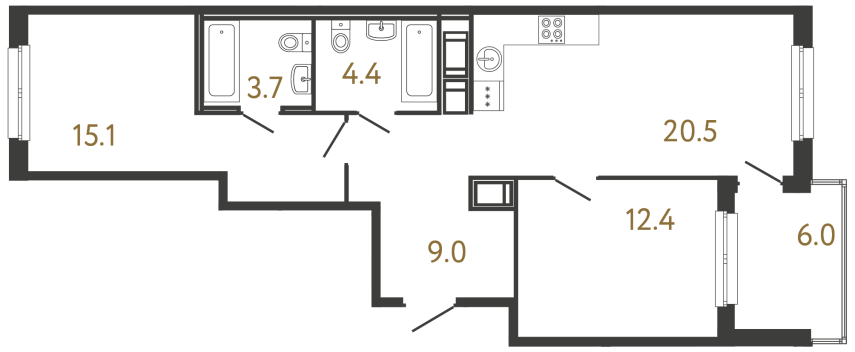 Двухкомнатная квартира №315 в ЖК Передвижники - 65.1 м²  - №2