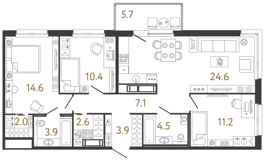 Трёхкомнатная квартира №232 в ЖК Передвижники - 84.8 м²