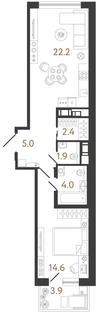 Однокомнатная квартира №281 в ЖК Передвижники 2 - 50.1 м²