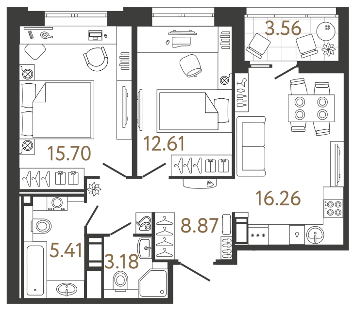 Двухкомнатная квартира №551 в ЖК Ultra City 3 - 62.03 м²