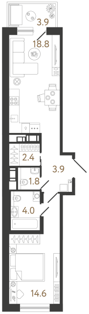 Однокомнатная квартира №331 в ЖК Передвижники 2 - 45.5 м²