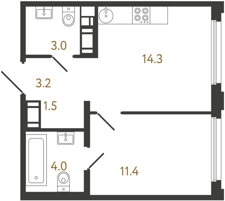 Однокомнатная квартира №825 в ЖК Гений - 37.4 м²  - №2