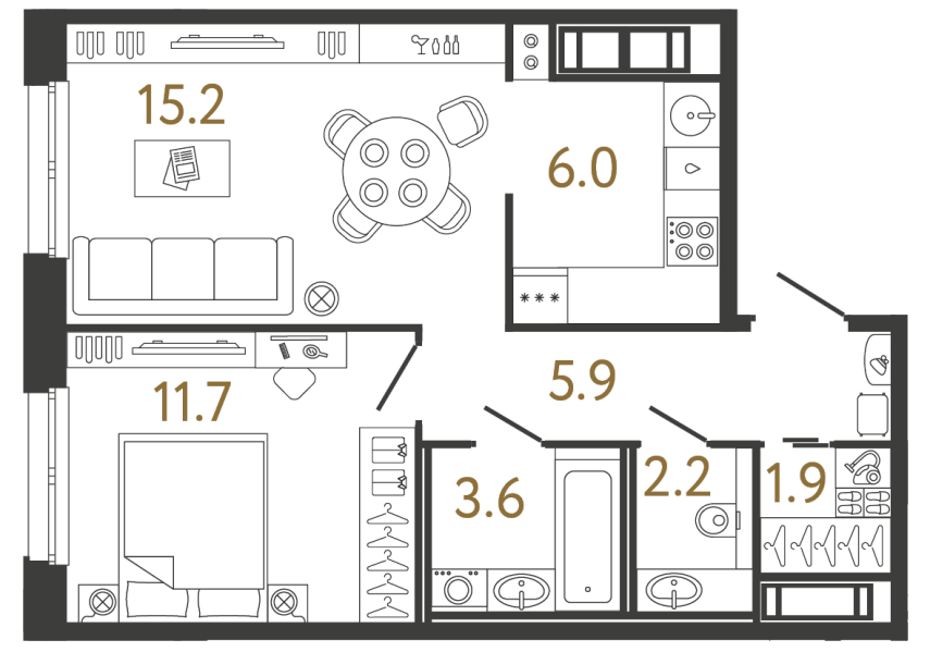 Однокомнатная квартира №107 в ЖК Передвижники - 46.5 м²