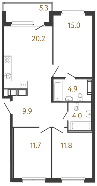 Трёхкомнатная квартира №143 в ЖК Передвижники - 77.5 м²  - №2