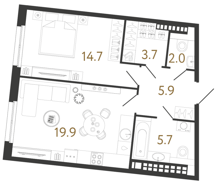 Однокомнатная квартира №213 в ЖК Визионер - 51.9 м²