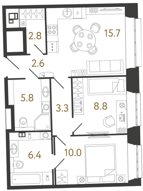 Двухкомнатные апартаменты №74 в ЖК Светоч - 55.4 м²
