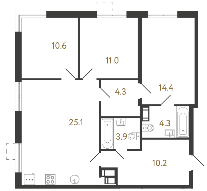 Трёхкомнатная квартира №462 в ЖК Струны - 83.8 м²  - №2