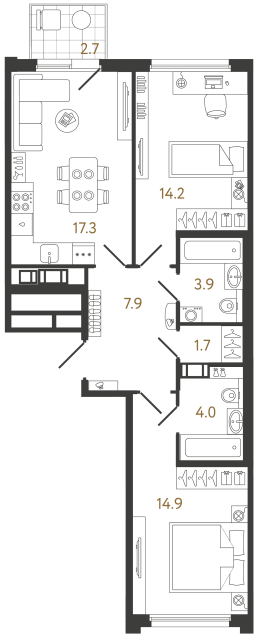 Двухкомнатная квартира №522 в ЖК Гений - 63.9 м²