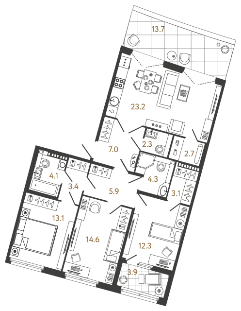 Трёхкомнатная квартира №20 в ЖК Миръ - 96 м²