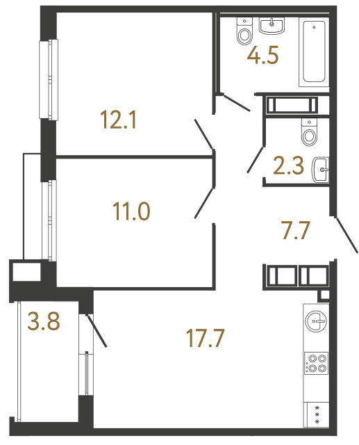 Двухкомнатная квартира №113 в ЖК Передвижники - 55.3 м²  - №2
