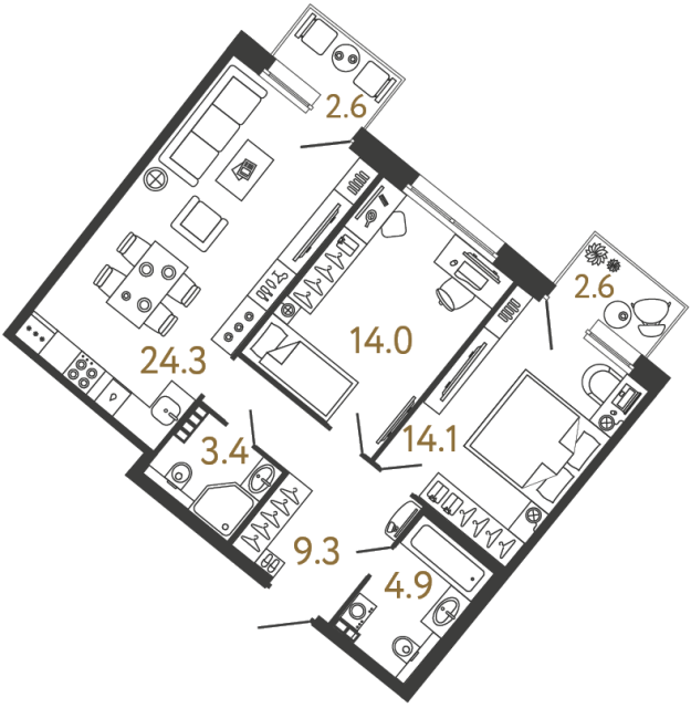 Двухкомнатная квартира №65 в ЖК Цвет Зеленогорска - 70 м²