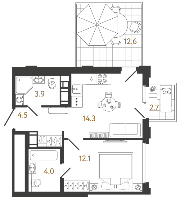 Однокомнатная квартира №337 в ЖК Гений - 38.8 м²