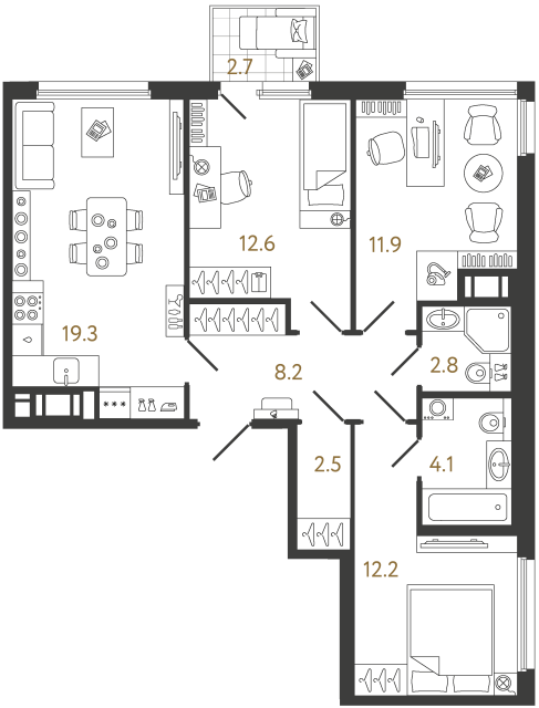 Трёхкомнатная квартира №1162 в ЖК Гений - 73.6 м²