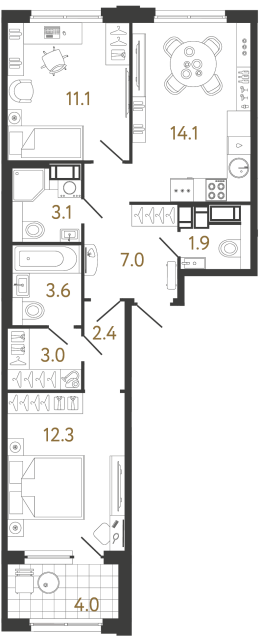 Двухкомнатная квартира №816 в ЖК Струны 2 оч. - 58.5 м²