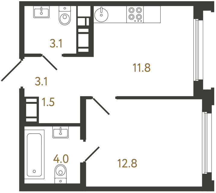 Однокомнатная квартира №833 в ЖК Гений - 36.3 м²  - №2
