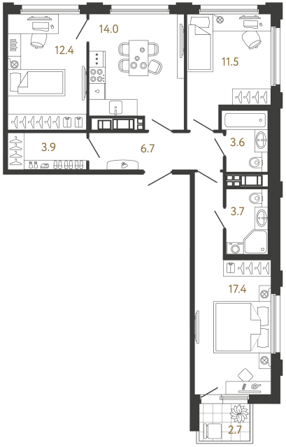 Трёхкомнатная квартира №738 в ЖК Гений - 73.2 м²