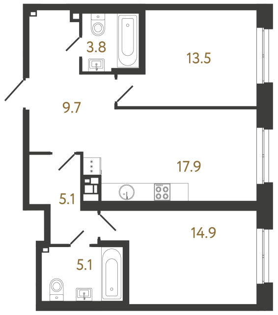 Двухкомнатная квартира №17 в ЖК Коллекционер - 70 м²  - №2