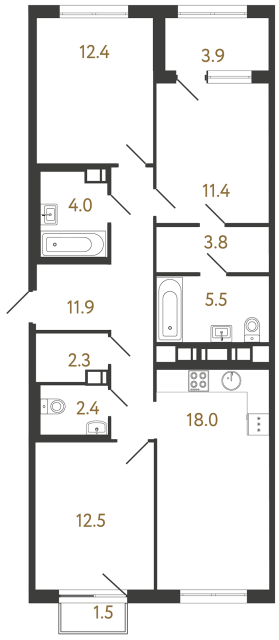Трёхкомнатная квартира №195 в ЖК Струны - 84.2 м²  - №2