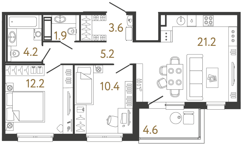 Двухкомнатная квартира №188 в ЖК Передвижники - 58.7 м²