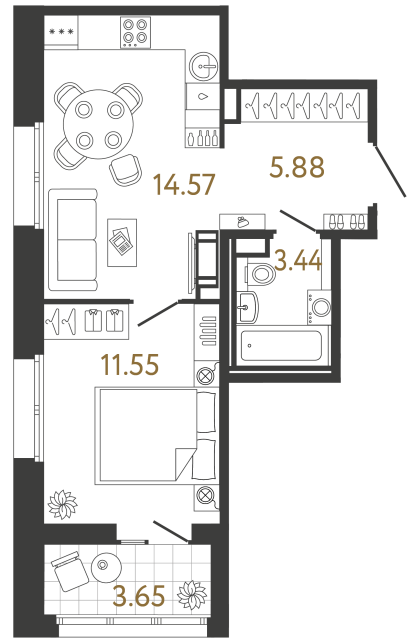 Однокомнатная квартира №138 в ЖК Ultra City 3 - 35.44 м²