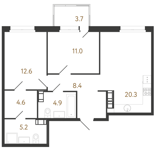 Двухкомнатная квартира №286 в ЖК Куинджи - 67 м²  - №2