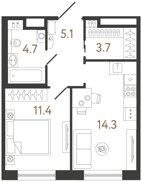Однокомнатная квартира №3 в ЖК Передвижники 2 - 39.2 м²