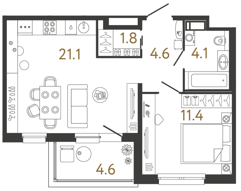 Однокомнатная квартира №165 в ЖК Передвижники - 43 м²