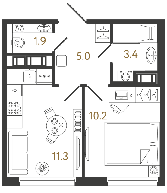 Однокомнатная квартира №559 в ЖК Гений - 31.8 м²