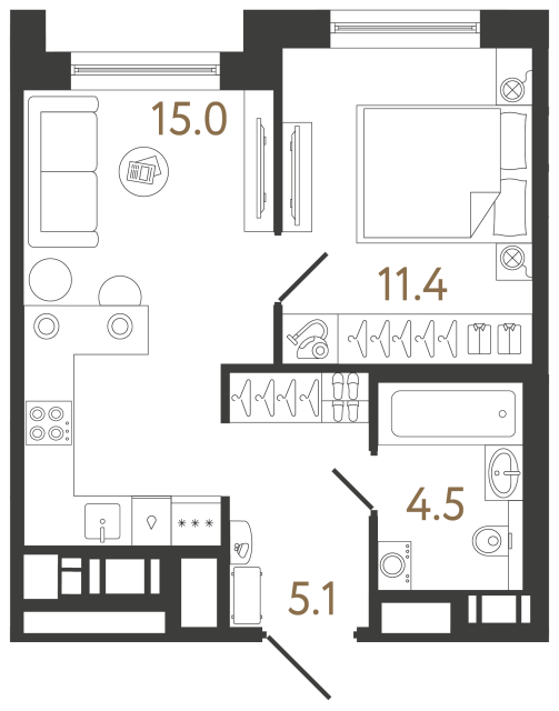 Однокомнатная квартира №388 в ЖК Передвижники 2 - 36 м²