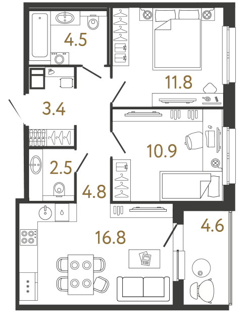 Двухкомнатная квартира №297 в ЖК Передвижники - 54.7 м²