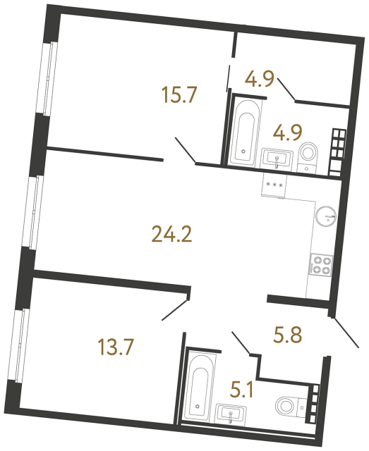 Двухкомнатная квартира №184 в ЖК Визионер - 74.3 м²  - №2